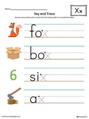 Say and trace letter x ending sound words worksheet color