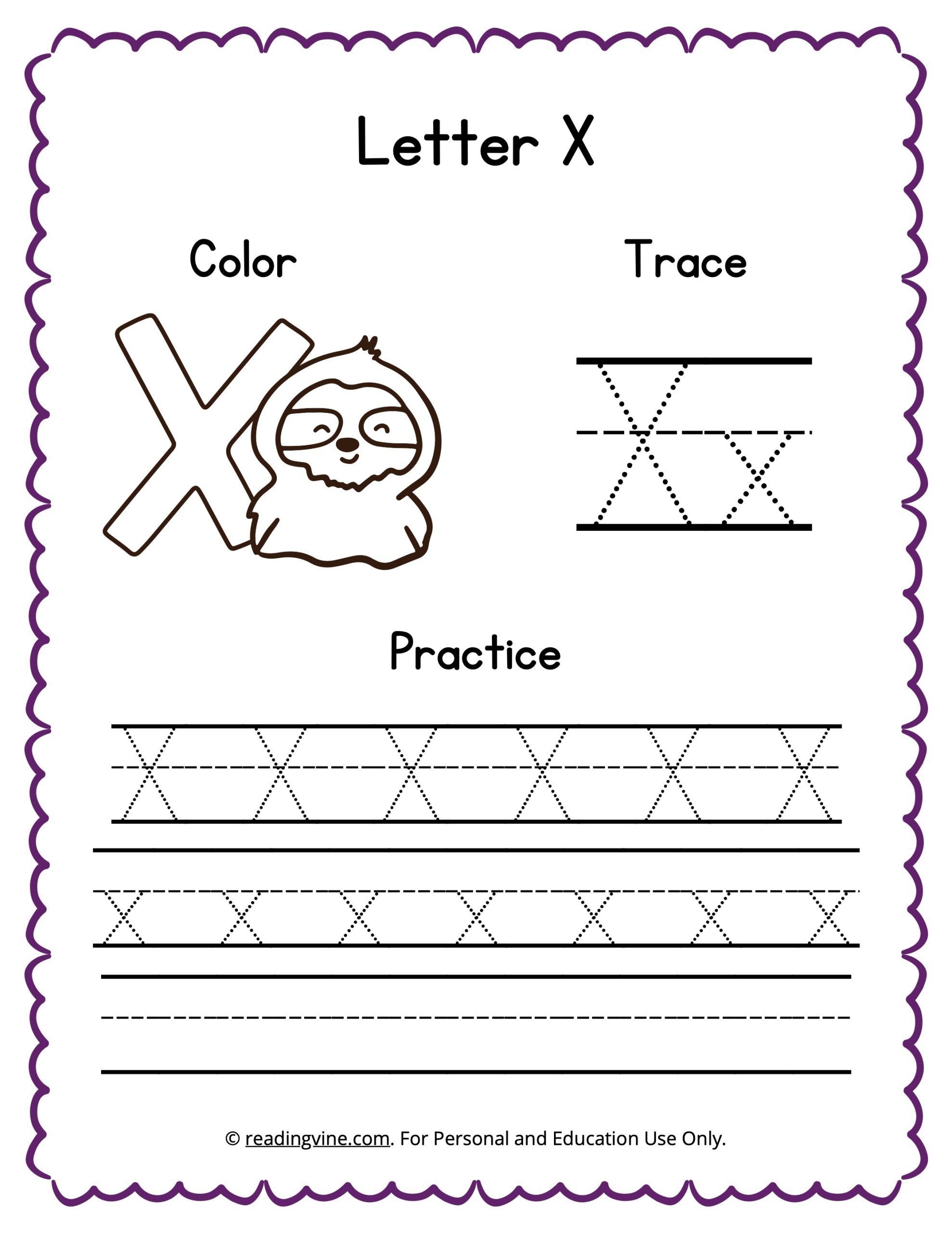 Color trace and write the letter x worksheet