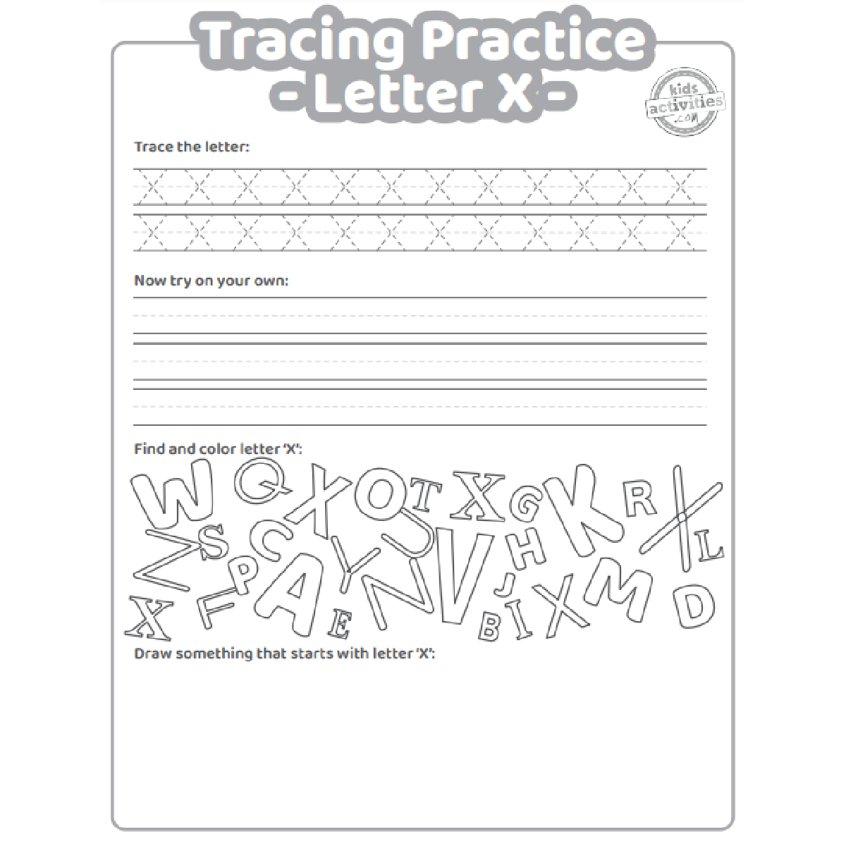 Free letter x practice worksheet trace it write it find it draw kids activities blog