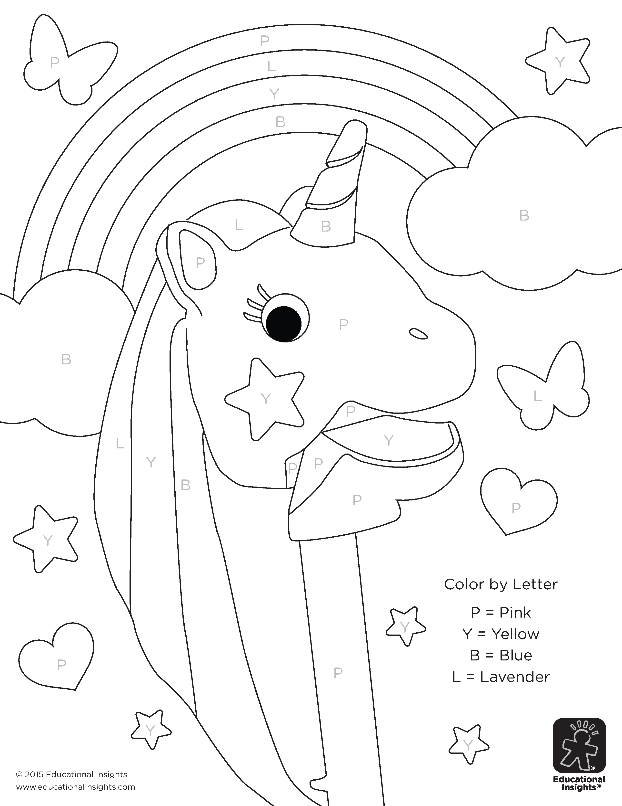 Free unicorn color by letter activity sheet