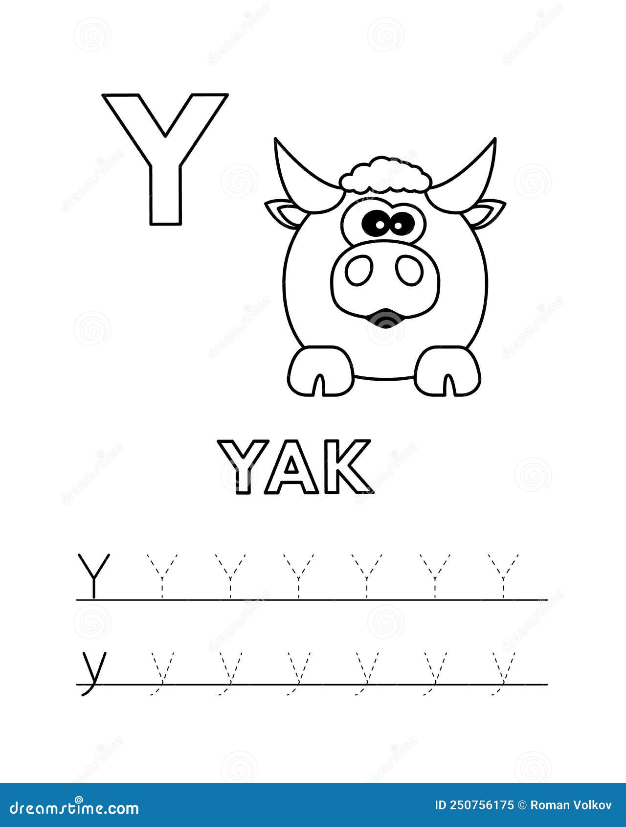 Vector cute cartoon animals alphabet and tracing practice letter y yak coloring pages stock vector