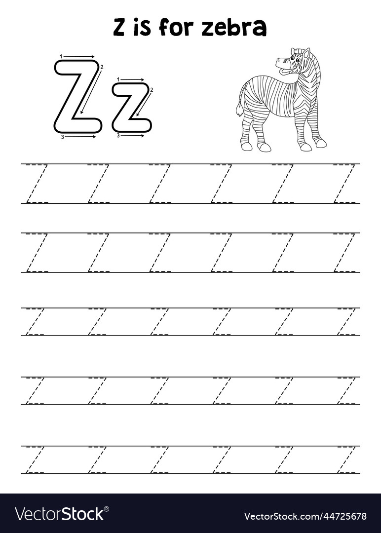 Zebra animal tracing letter abc coloring page z vector image