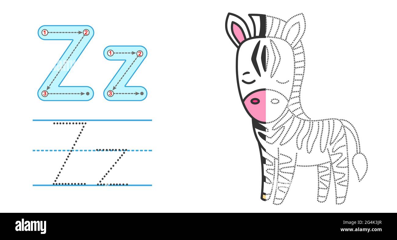 Trace the letter and picture and color it educational children tracing game coloring alphabet letter z and funny zebra stock vector image art