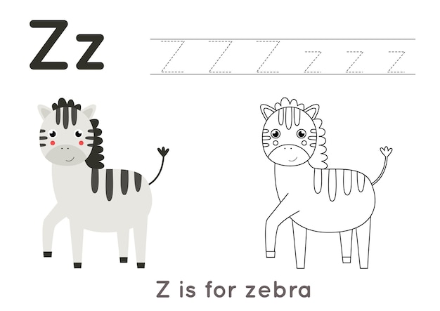 Premium vector coloring page with cute cartoon zebra alphabet tracing worksheet with letter z handwriting practice for kids