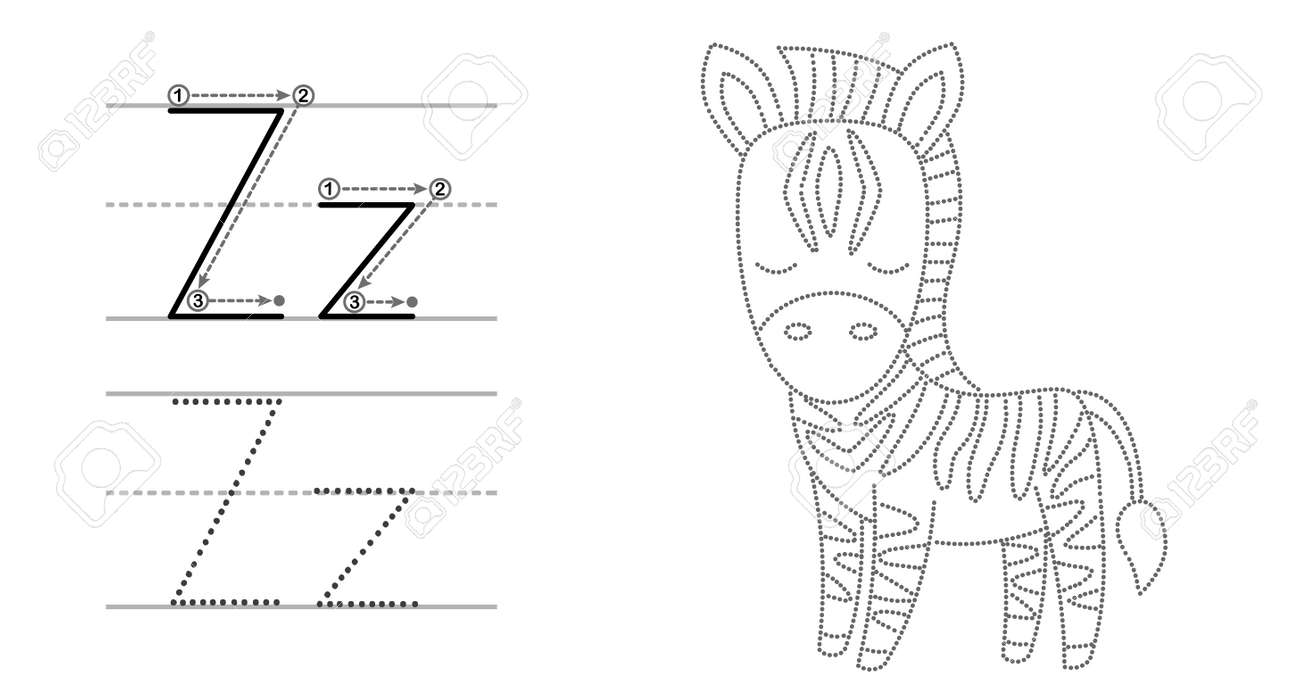 Trace the letter and picture and color it educational children tracing game coloring alphabet letter z and funny cartoon zebra royalty free svg cliparts vectors and stock illustration image