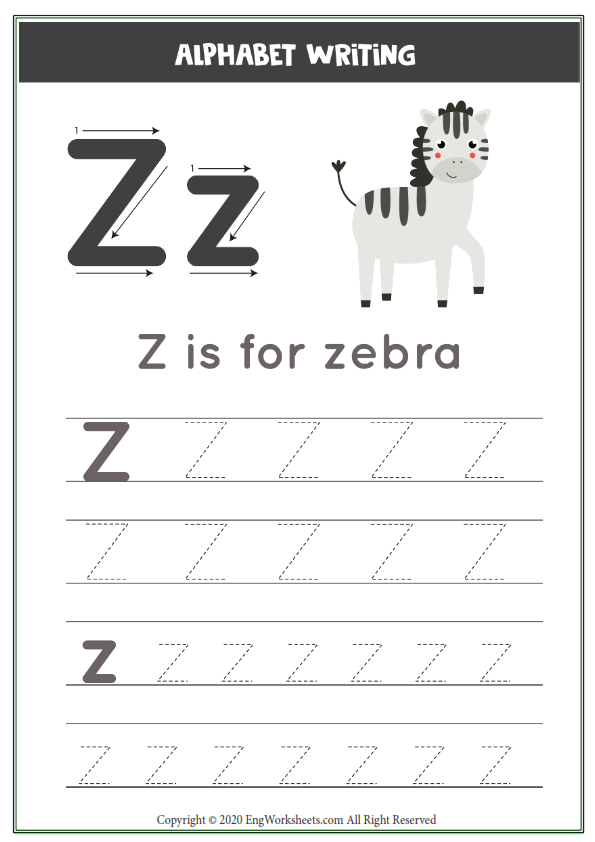 Letter z alphabet tracing worksheet with animal illustration