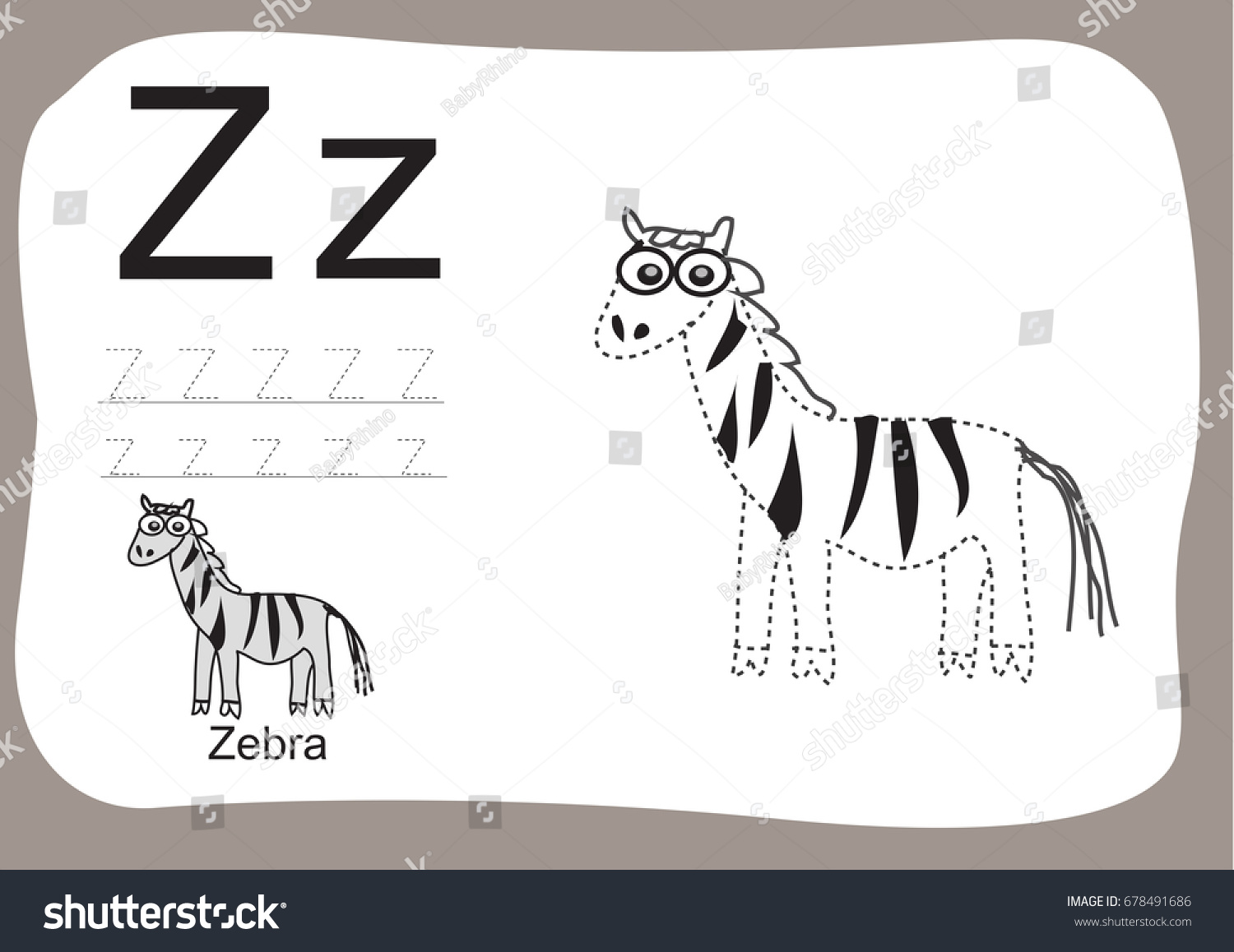 Z alphabet tracing worksheetscartoon coloring book stock vector royalty free