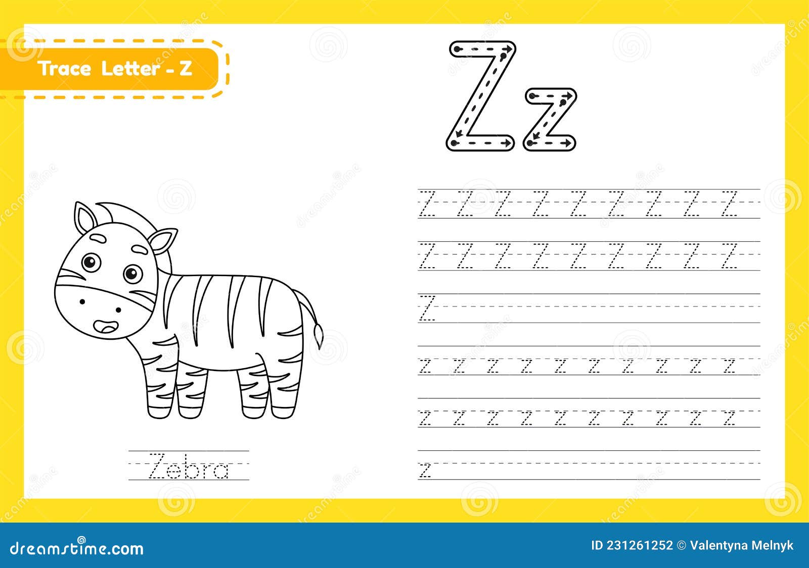 Trace letter z uppercase and lowercase alphabet tracing practice preschool worksheet for kids learning english with cute cartoon stock photo