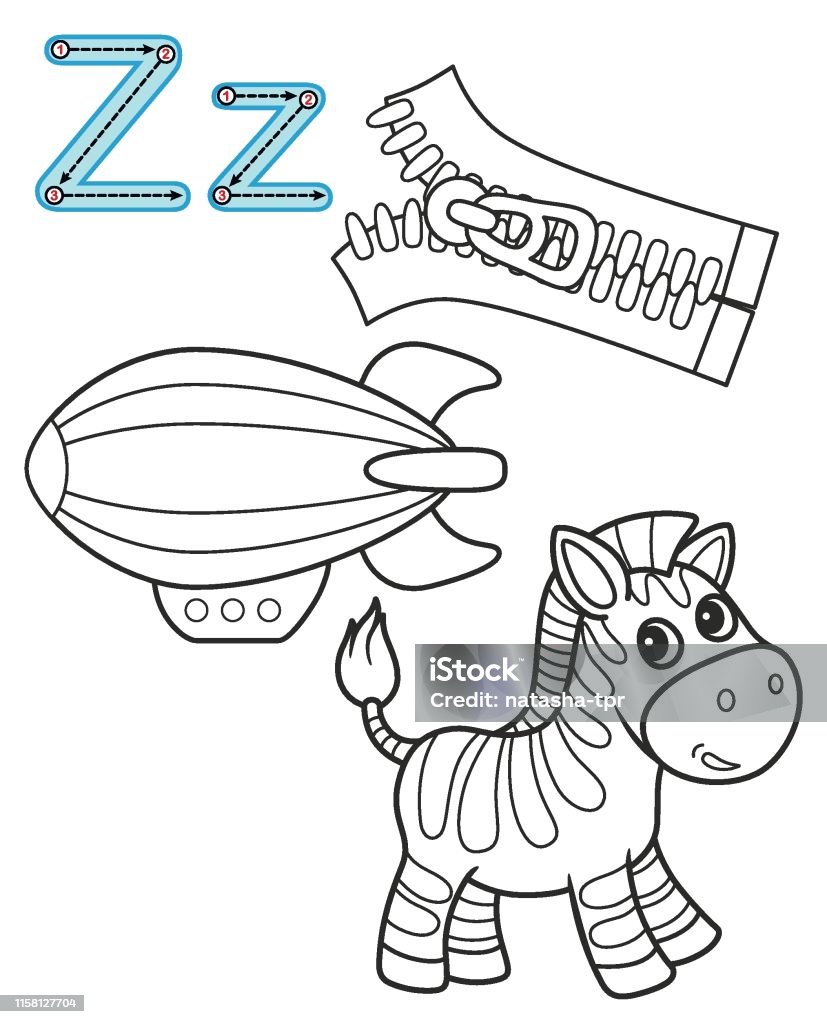 Letter z zebra zipper zeppelin vector coloring book alphabet printable coloring page for kindergarten and preschool stock illustration