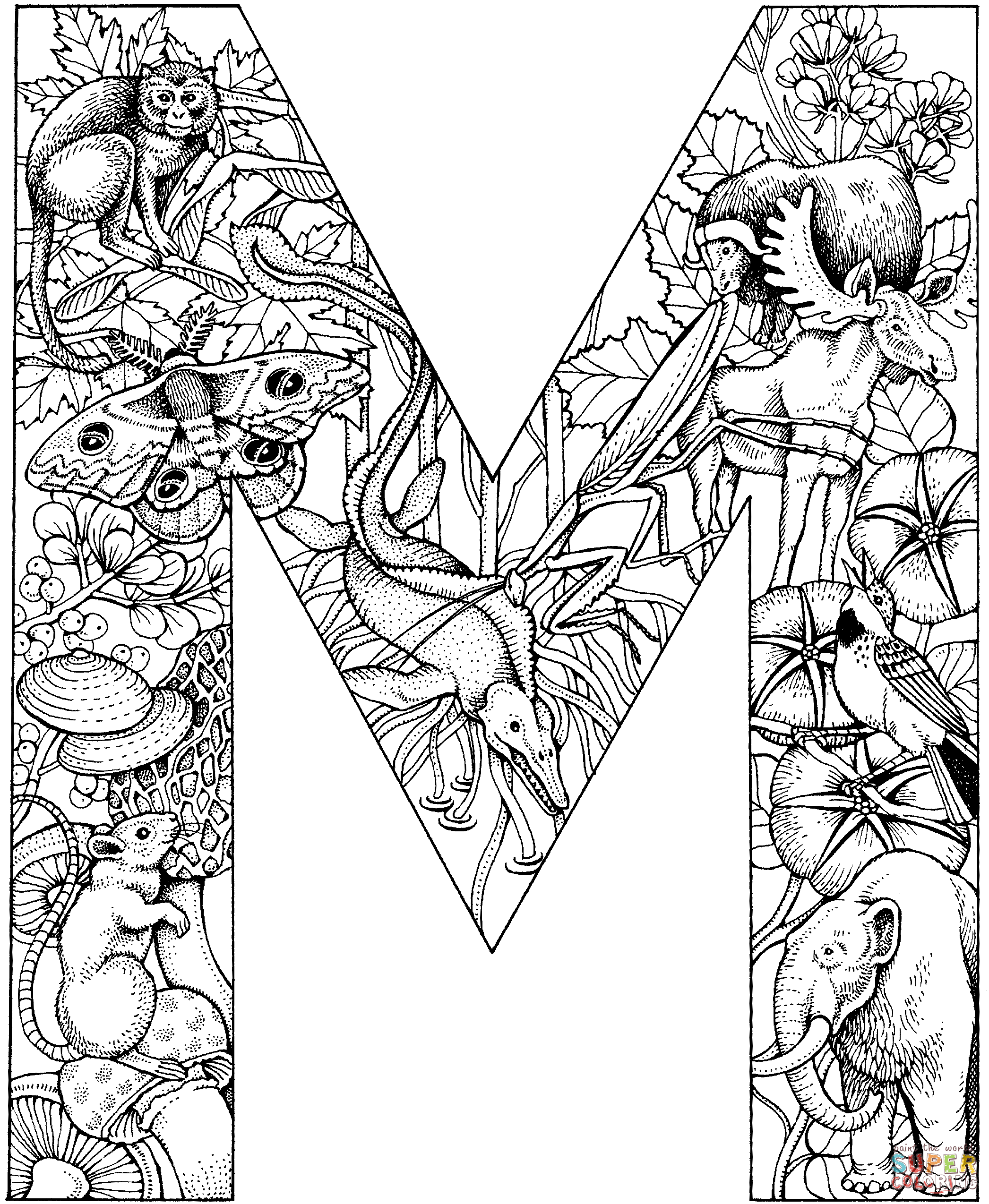 Letter m with animals coloring page free printable coloring pages