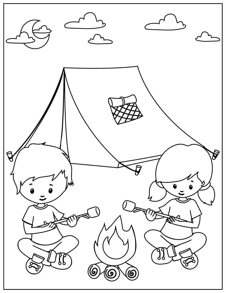 Free camping coloring pages and activity pages for kids