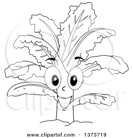 Clipart of a black and white lineart happy kale plant character