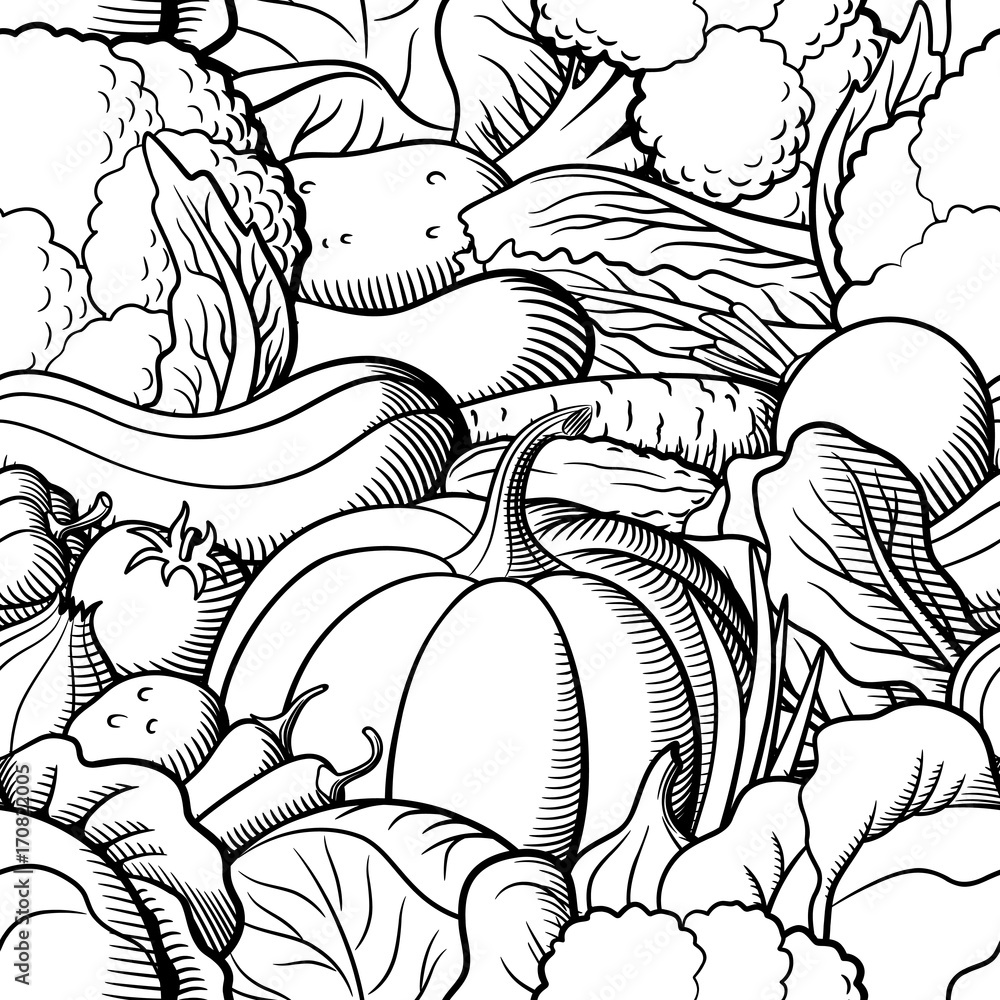 Seamless pattern with vegetables pumpkin cabbage pepper potato tomato carrot cucumber broccoli garlic onion zucchini lettuce eggplant beets black and white image coloring page vector