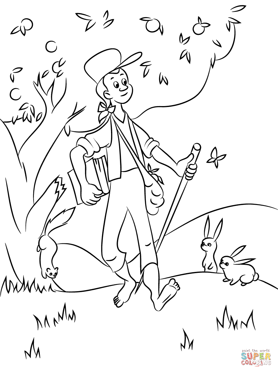 Johnny appleseed with animals coloring page free printable coloring pages