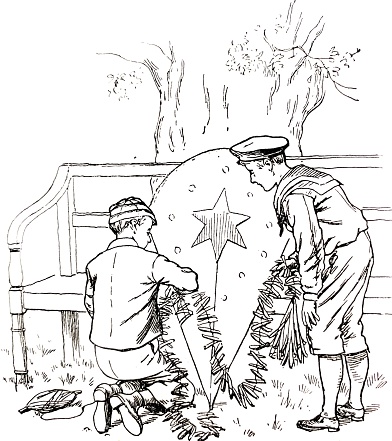 Two boys repair the kite stock illustration