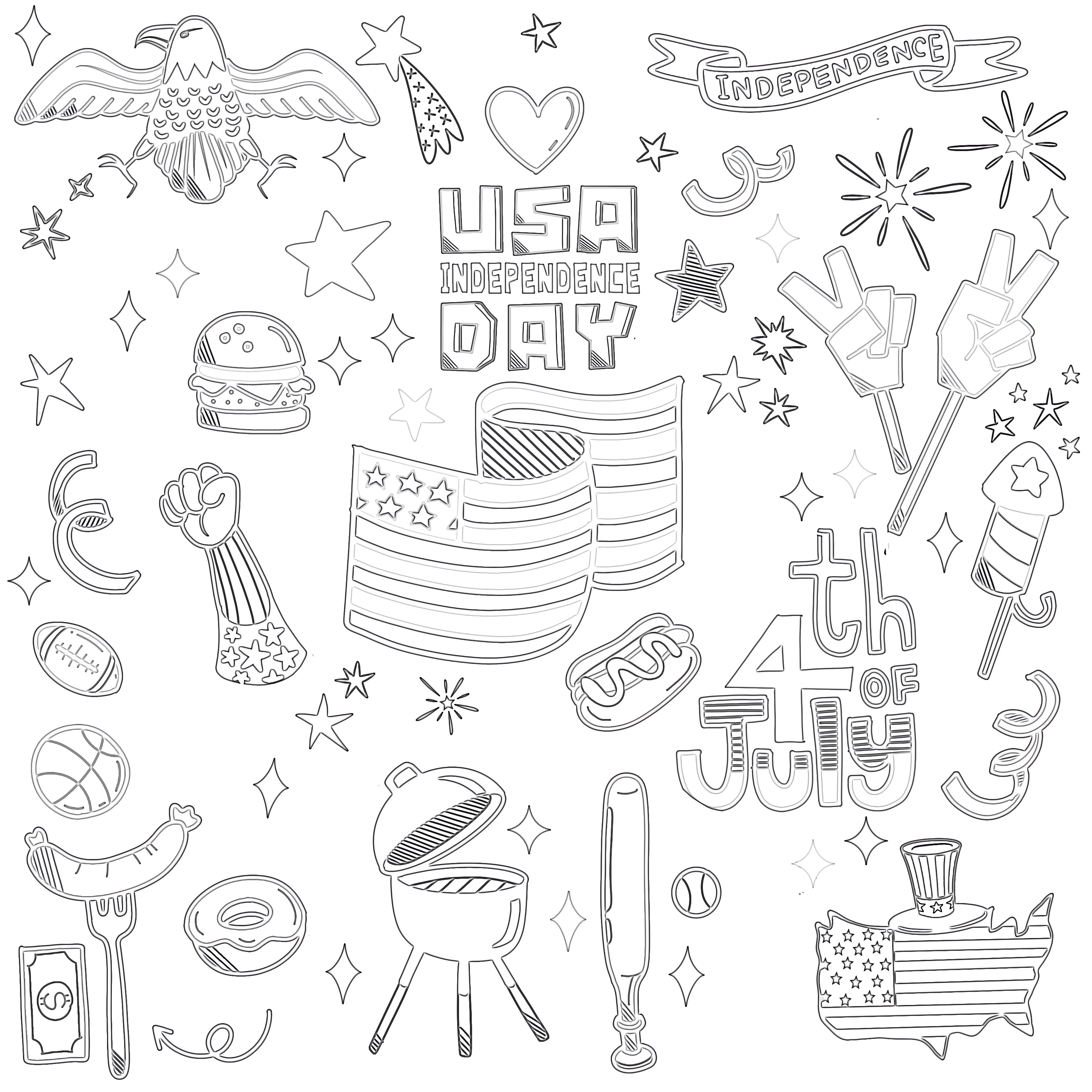 Hand drawn doodle different american objects coloring page