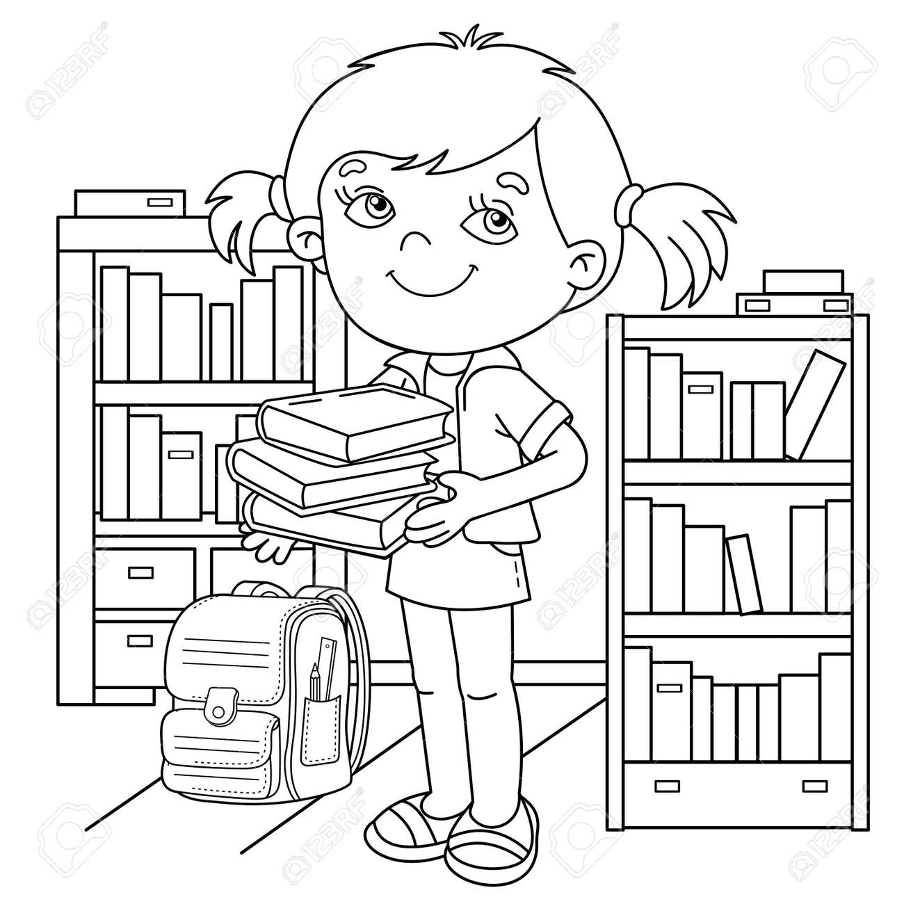 Coloring page outline of cartoon girl with books or textbooks little student or schooler school library coloring book for kids royalty free svg cliparts vectors and stock illustration image