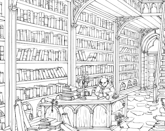 Printable coloring page medieval library a size detailed hand