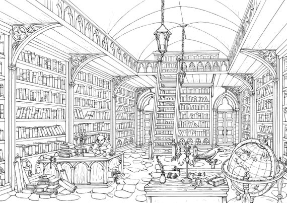 Printable coloring page medieval library a size detailed hand