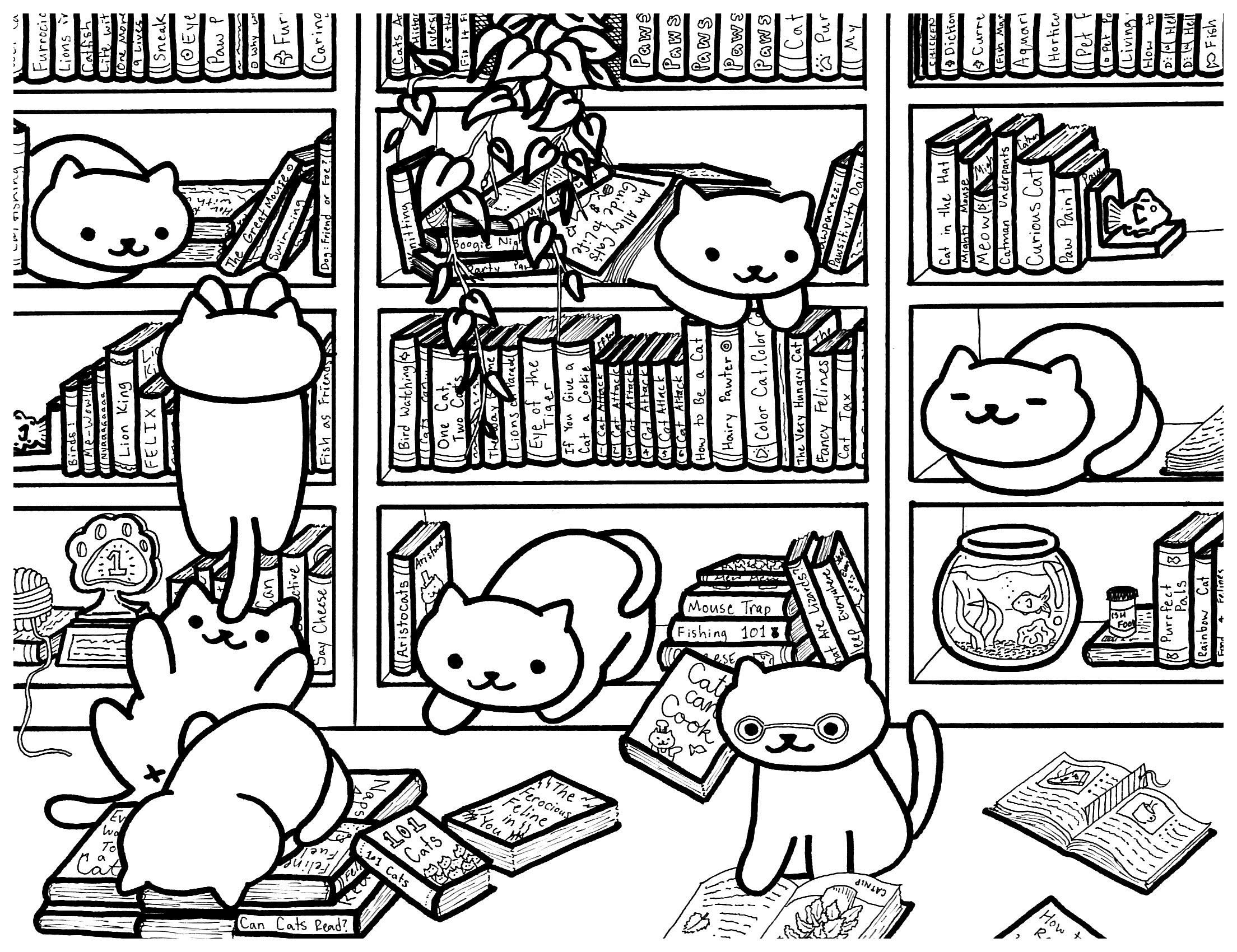 Cozy cat library i draw nekoatsume coloring sheets for my students heres one for all of you to color raww