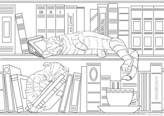 Library cats printable adult coloring page from favoreads coloring book pages for adults and kids coloring sheets coloring designs