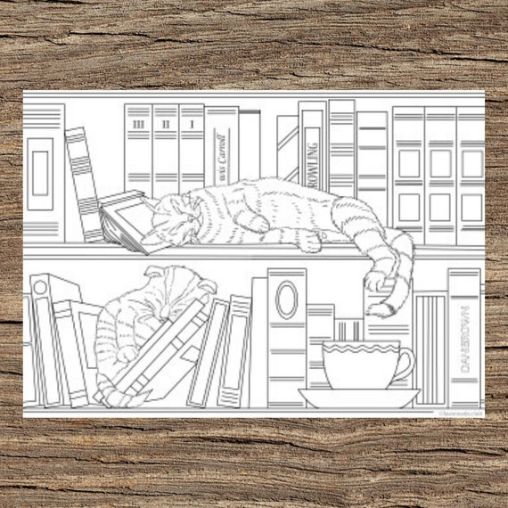 Home library cats printable adult coloring page from favoreads coloring book pages for adults coloring sheets coloring designs