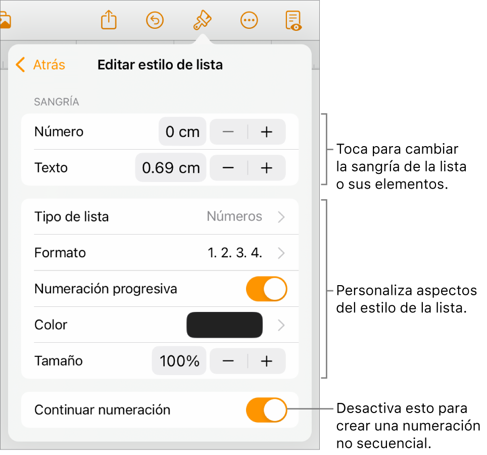 Dar formato a listas en pages en el ipad