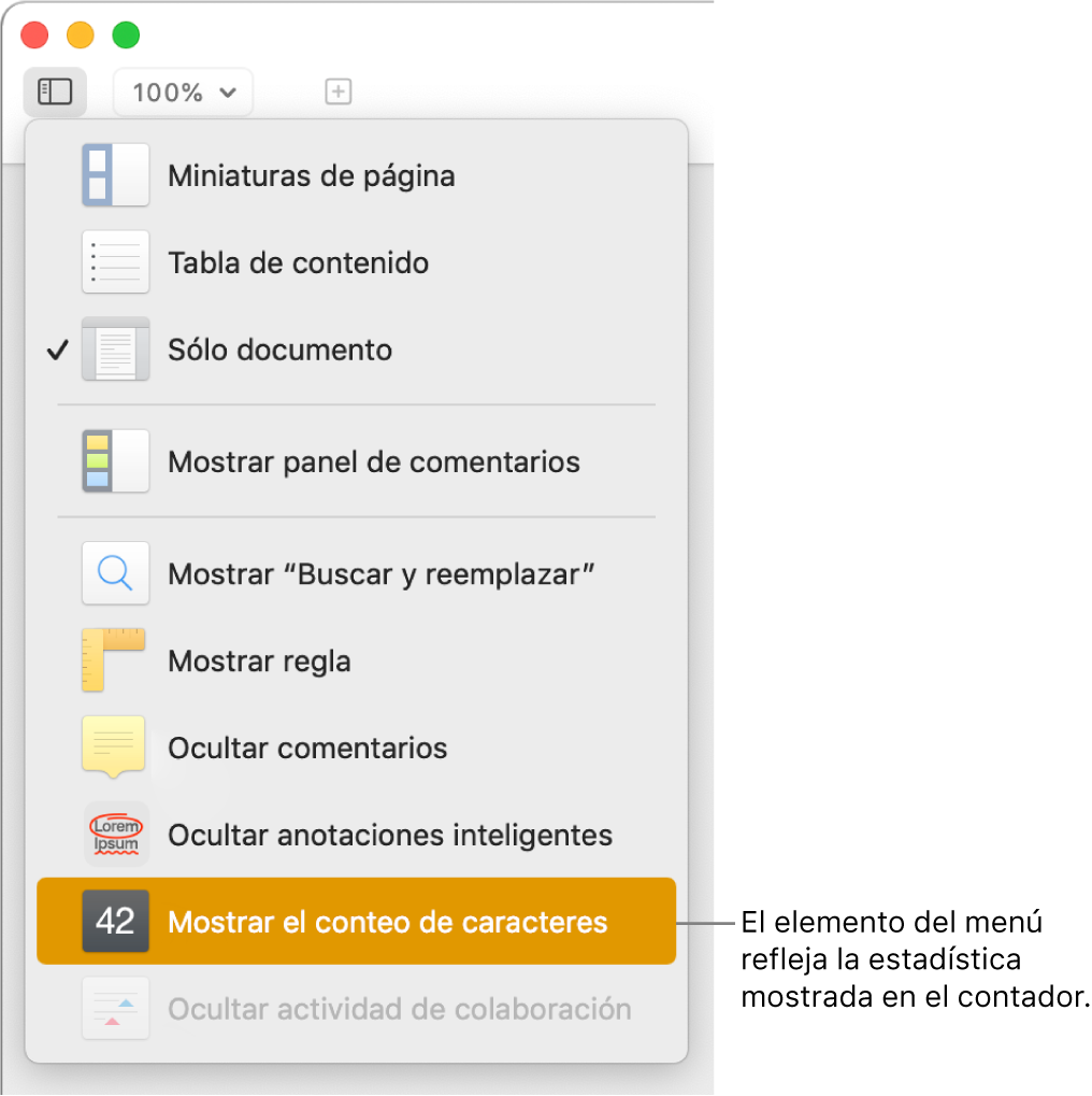 Mostrar el conteo de palabras y otras estadãsticas en pages en la mac