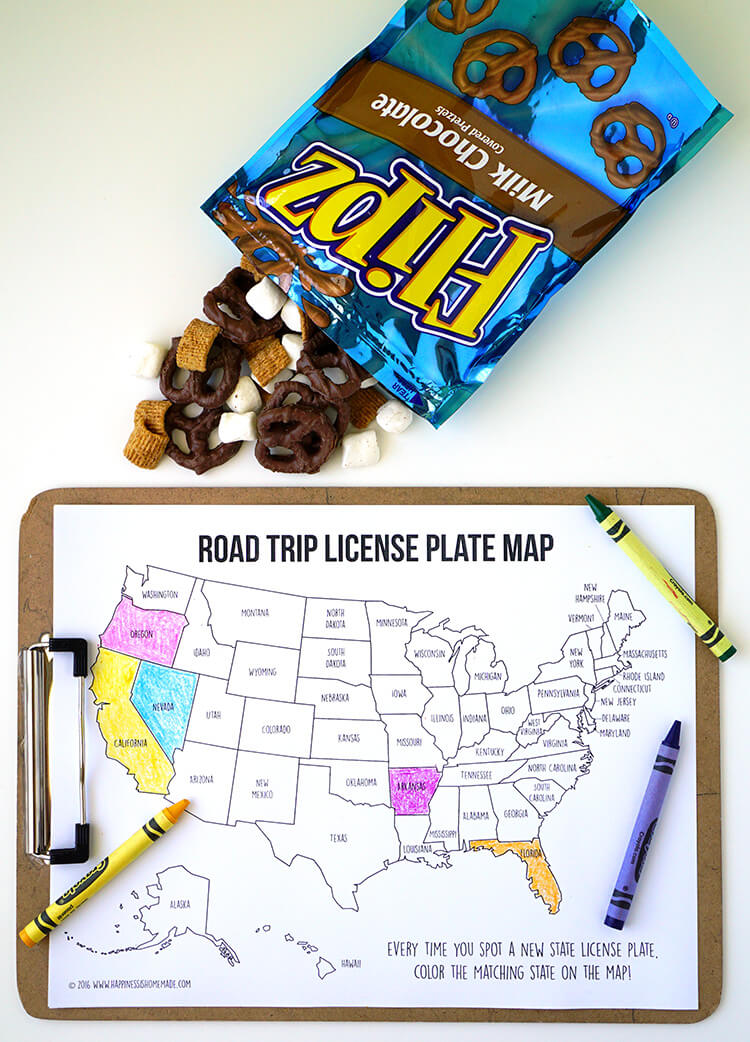 Road trip games license plate coloring map smores snack mix