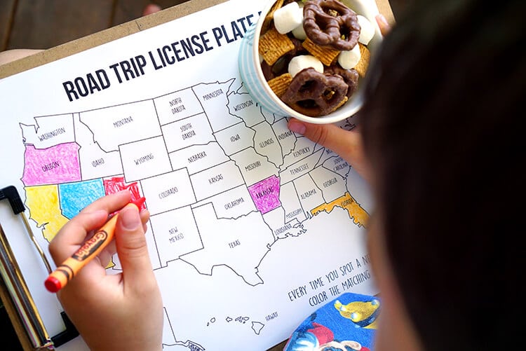 Road trip games license plate coloring map smores snack mix