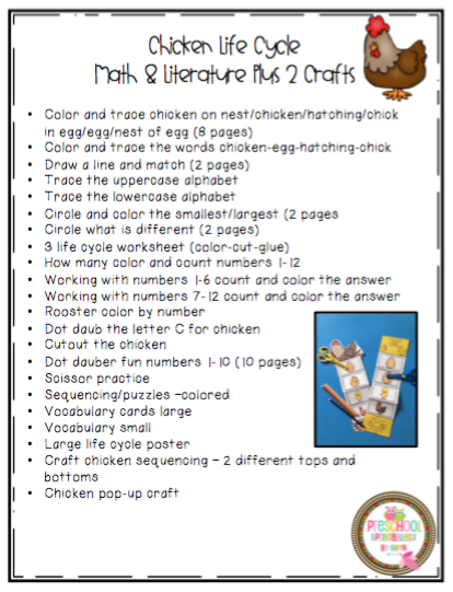 Chicken life cycle math literature plus crafts updated file preschool printables