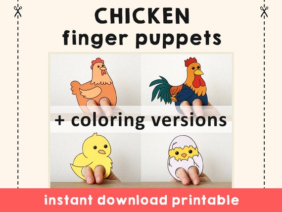 Chicken puppet paper craft printable finger puppet kids craft animal birthday party farm animal coloring paper print out instant download