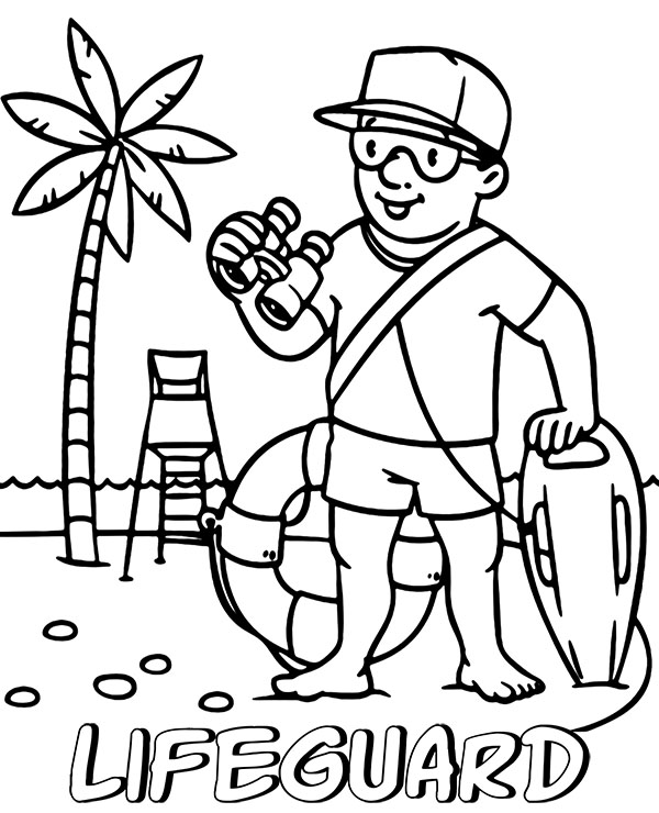 Lifeguard at work coloring sheet page for children