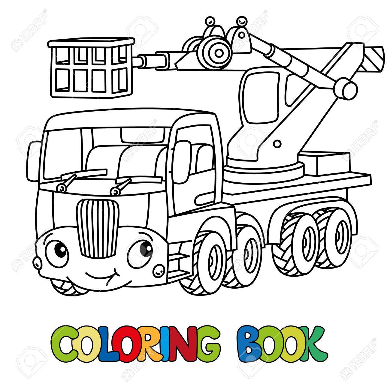 Telescopic boom lift car or truck coloring book small funny vector cute automobile with eyes and mouth children vector illustration municipal machinery for kids royalty free svg cliparts vectors and stock illustration