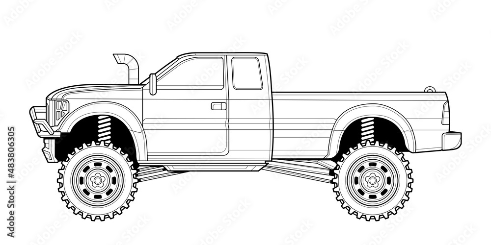 Coloring page contouring for book and drawing concept vector illustration offroad drive vehicle graphic element car wheel black contour sketch illustrate isolated on white background vector