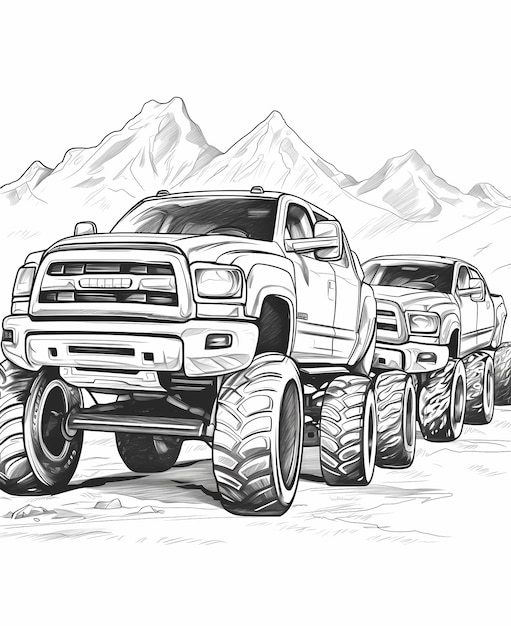 Premium ai image coloring page different racing monster truck pickups in a line realistic android styling