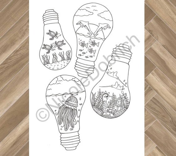 Lightbulb ocean scene printable adult coloring page instant download adult coloring book instant print kids coloring page