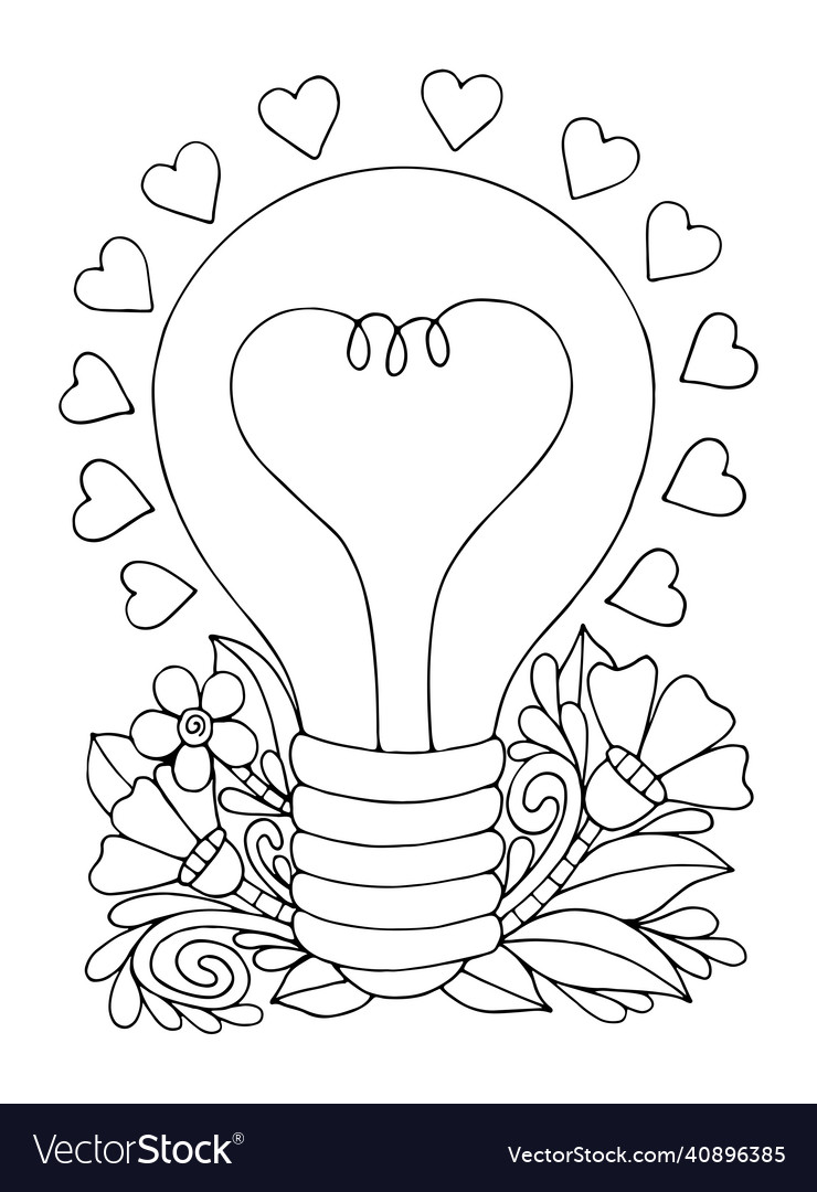 Coloring page love cute light bulb with hearts vector image