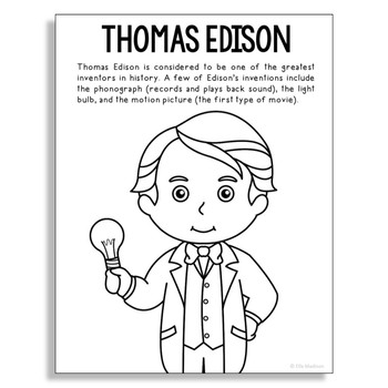 Thomas edison inventor coloring page poster craft stem worksheet activity