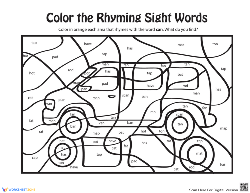 Learning rhyming words can worksheet