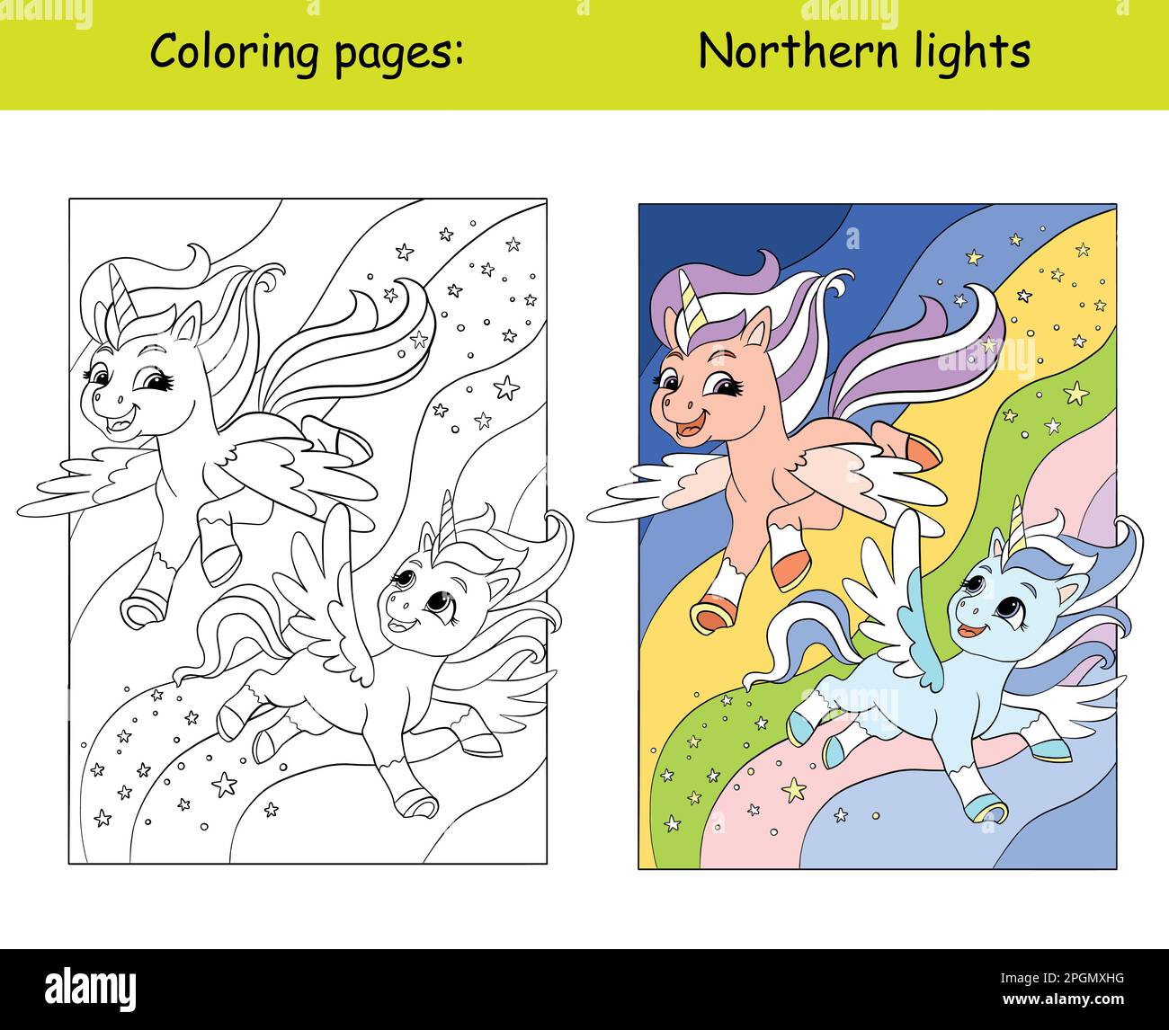 Two cute unicorns flying in the night sky with the northern lights cartoon vector illustration kids coloring book page with color template for colo stock vector image art