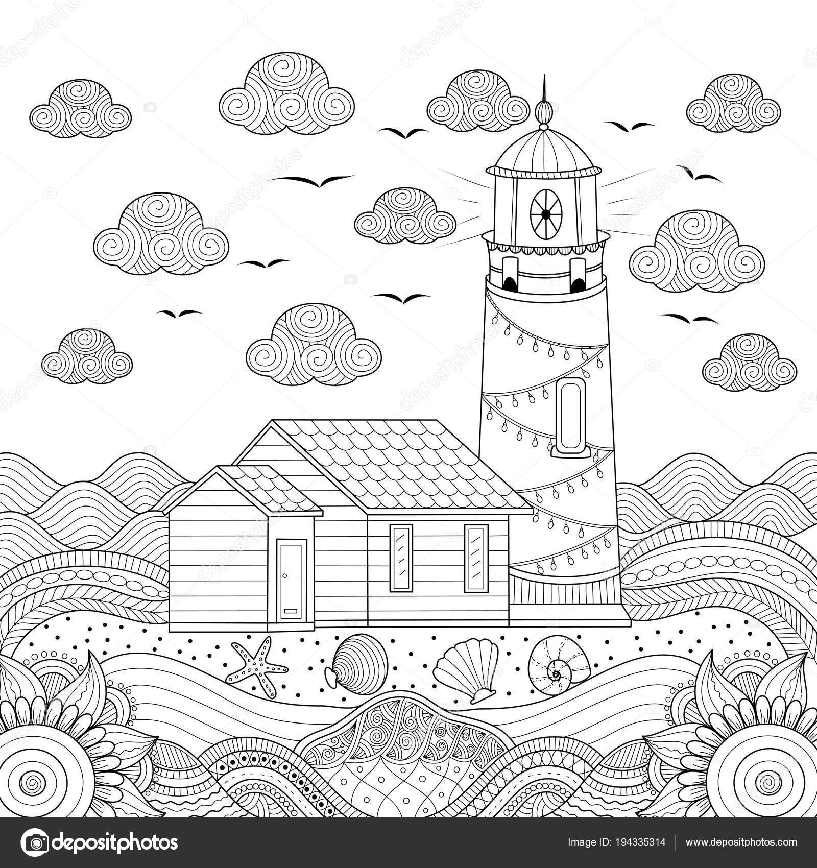 Lighthouse coloring book page adult hand drawn vector illustration doodle stock vector by noonizen