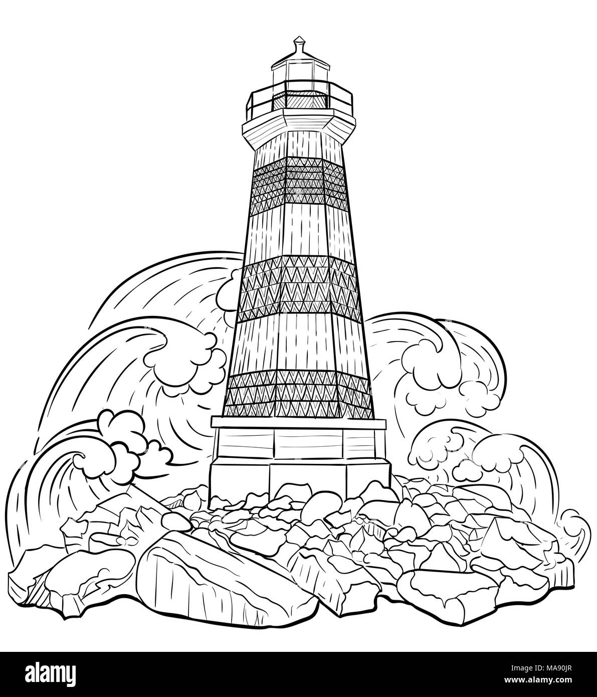 Hand drawn artistically ethnic ornamental patterned lighthouse zentangle tribal style for adult coloring book pages tattoo t