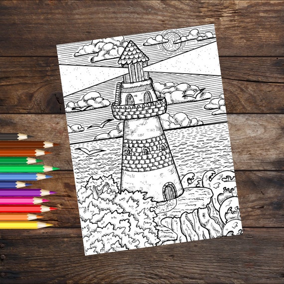 Lighthouse adult coloring book page nautical coloring page colouring sheet