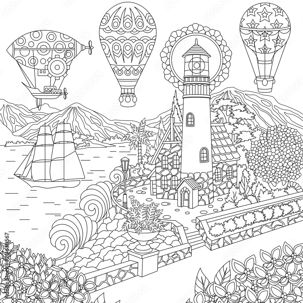 Lighthouse sailing ship dirigible hot air balloons coloring page colouring picture coloring book freehand sketch drawing vector illustration vector