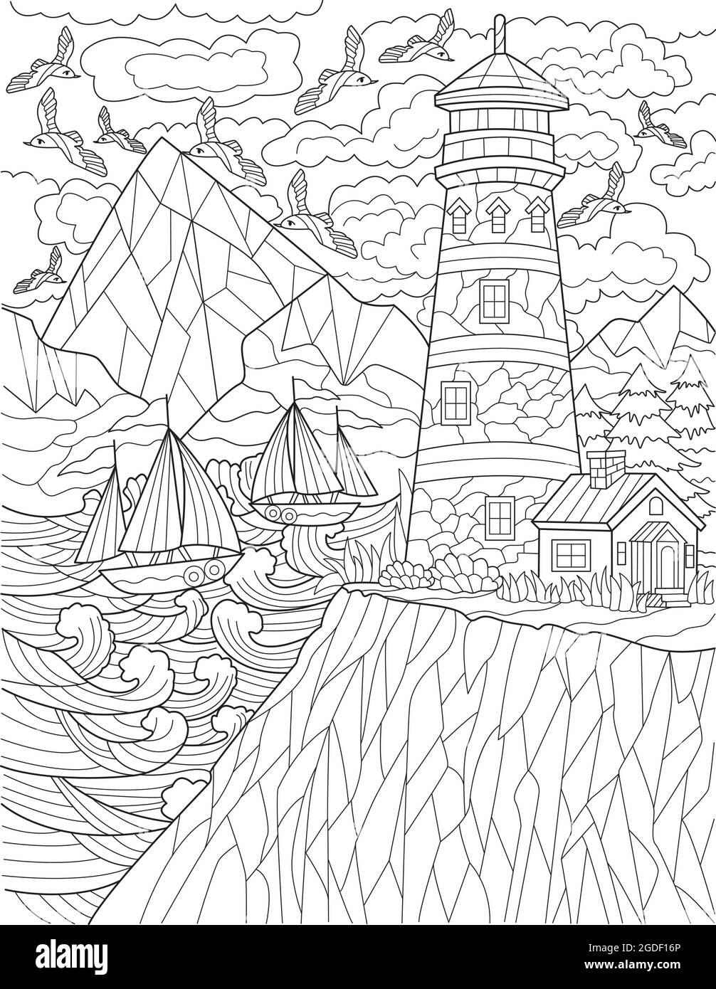Cliff with lighthouse with multiple flying birds and boats sailing colorless line drawing guiding light tower guides sail ships coloring book page stock vector image art
