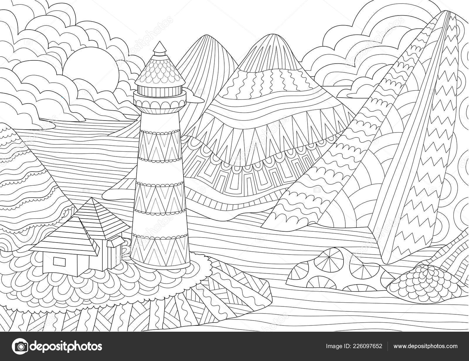 Coloring page coloring book adults colouring pictures light house mountains stock vector by somjaicindygmail