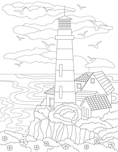 Premium vector coloring page with houses on hill next to lighthouse ocean and birds in sky sheet to be colored with buildings on top of cliff see clouds and doves