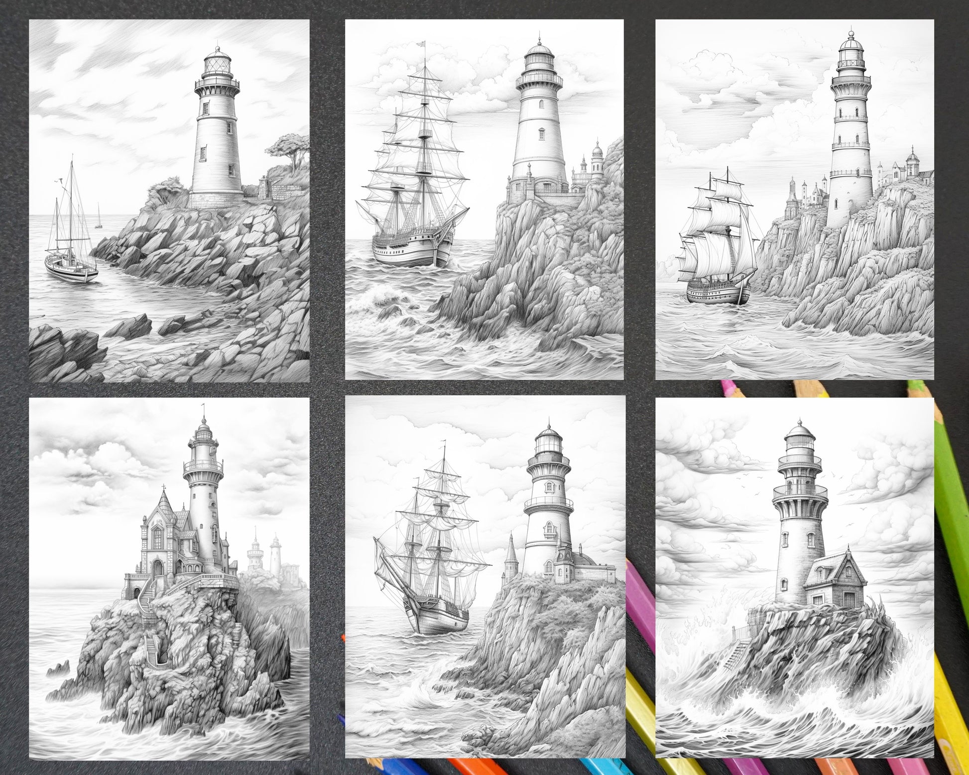 Majestic lighthouses grayscale coloring pages printable for adults â coloring