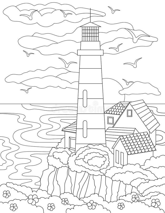 Coloring page with houses on hill next to lighthouse ocean and birds in sky sheet to be colored with buildings on top stock vector